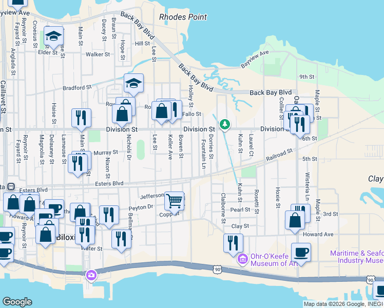 map of restaurants, bars, coffee shops, grocery stores, and more near 246 Holley Street in Biloxi
