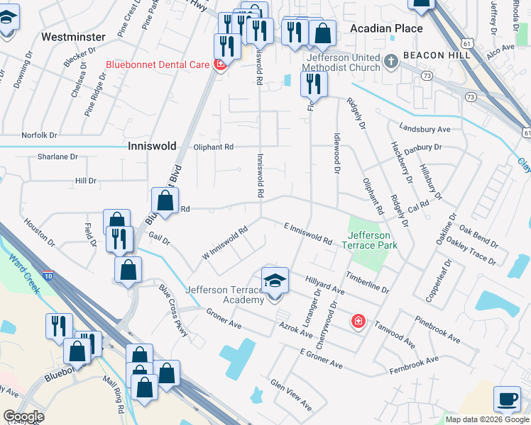 map of restaurants, bars, coffee shops, grocery stores, and more near 9655 Cal Road in Baton Rouge