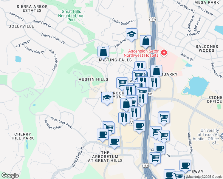 map of restaurants, bars, coffee shops, grocery stores, and more near 10431 Morado Circle in Austin