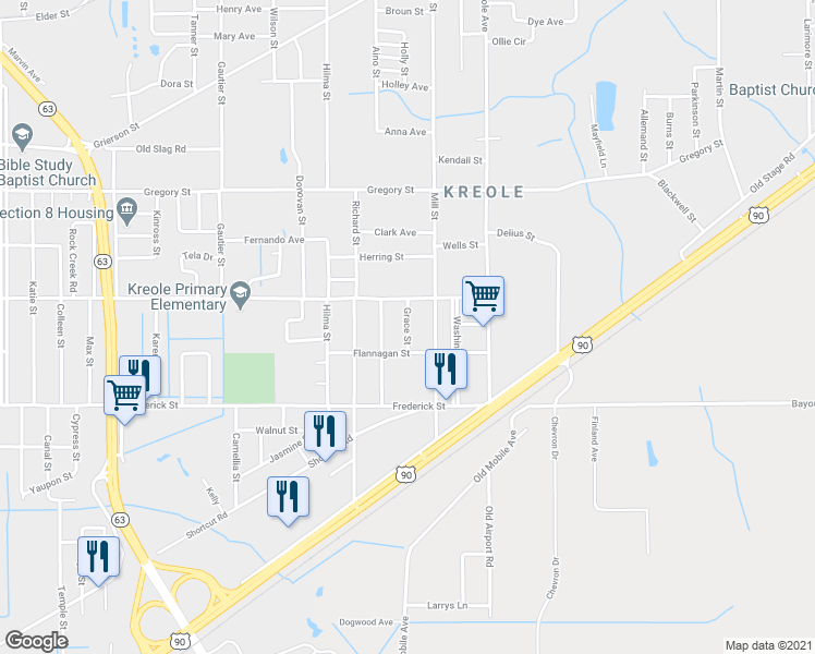 map of restaurants, bars, coffee shops, grocery stores, and more near Grace Street in Moss Point