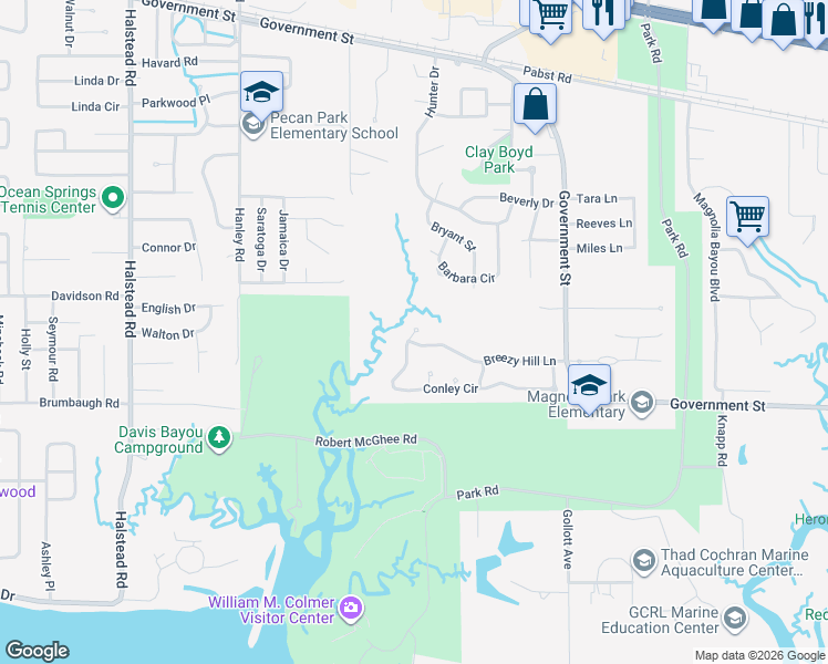 map of restaurants, bars, coffee shops, grocery stores, and more near 1099 Conley Circle in Ocean Springs