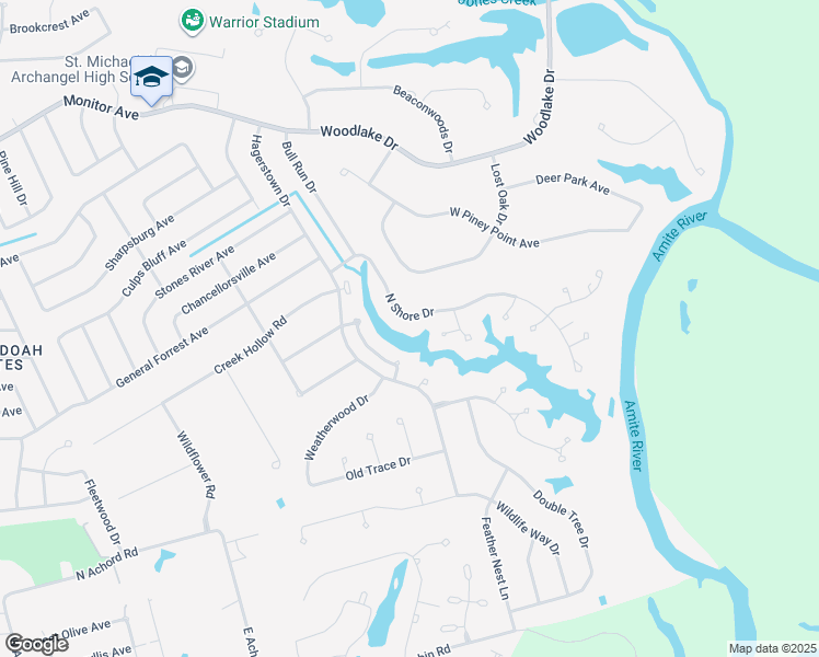 map of restaurants, bars, coffee shops, grocery stores, and more near 5900 North Shore Drive in Baton Rouge