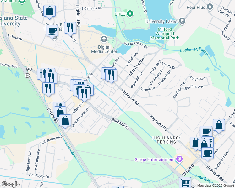 map of restaurants, bars, coffee shops, grocery stores, and more near 4512 Highland Road in Baton Rouge