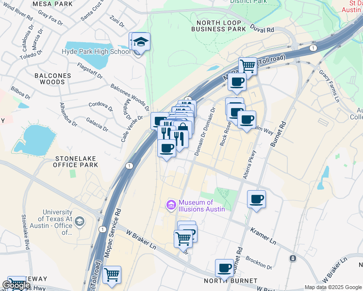 map of restaurants, bars, coffee shops, grocery stores, and more near 11401 Century Oaks Terrace in Austin