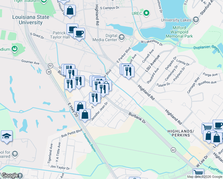 map of restaurants, bars, coffee shops, grocery stores, and more near 352 East Boyd Drive in Baton Rouge