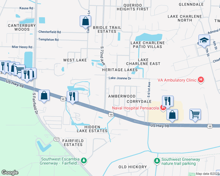 map of restaurants, bars, coffee shops, grocery stores, and more near 672 South 72nd Avenue in Pensacola
