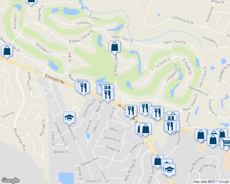 map of restaurants, bars, coffee shops, grocery stores, and more near 589 Beau Chene Drive in Mandeville