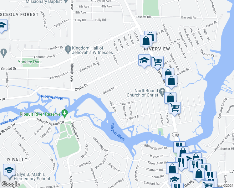 map of restaurants, bars, coffee shops, grocery stores, and more near 8942 8th Avenue in Jacksonville