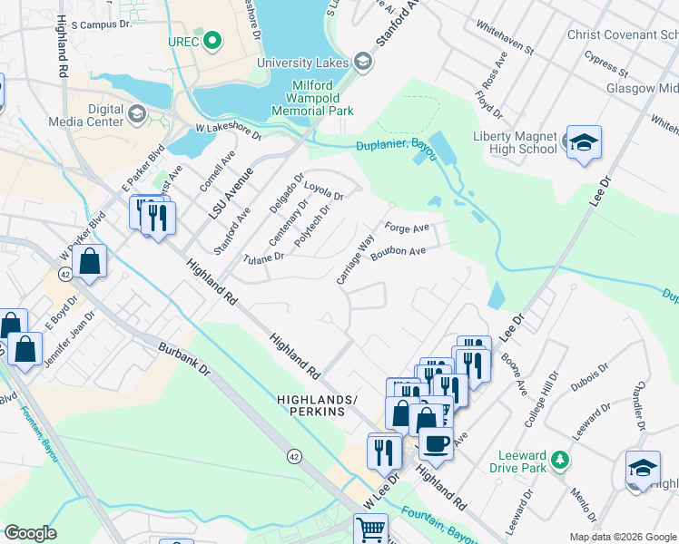 map of restaurants, bars, coffee shops, grocery stores, and more near 627 Carriage Way in Baton Rouge