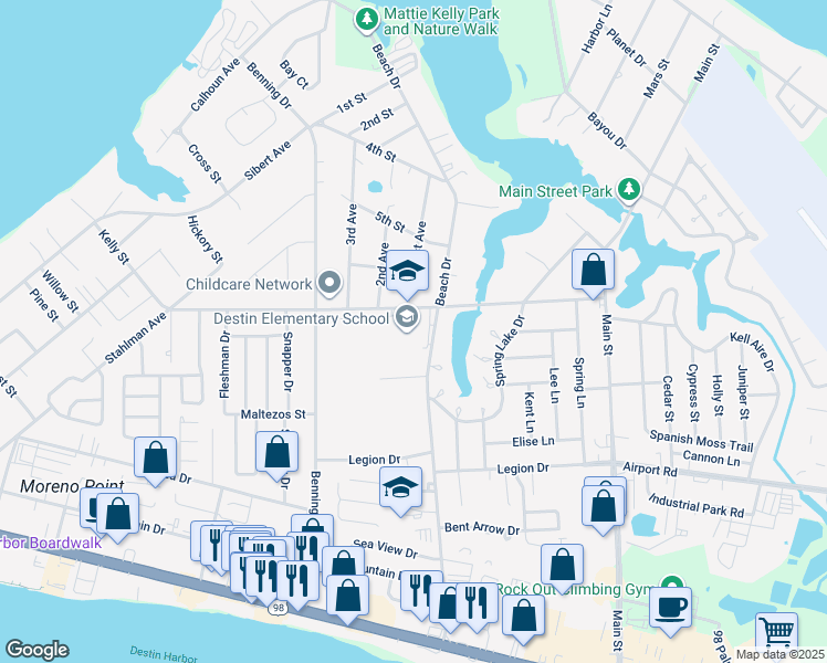 map of restaurants, bars, coffee shops, grocery stores, and more near 630 Kelly Street in Destin