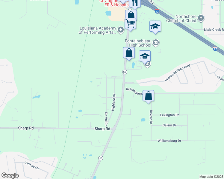 map of restaurants, bars, coffee shops, grocery stores, and more near 248 Highland Drive in Mandeville