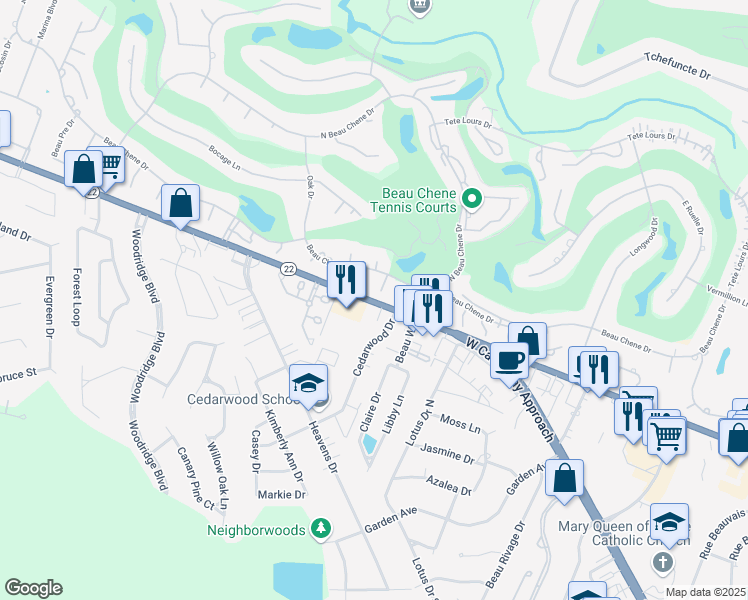 map of restaurants, bars, coffee shops, grocery stores, and more near 1504 Parkview Boulevard in Mandeville