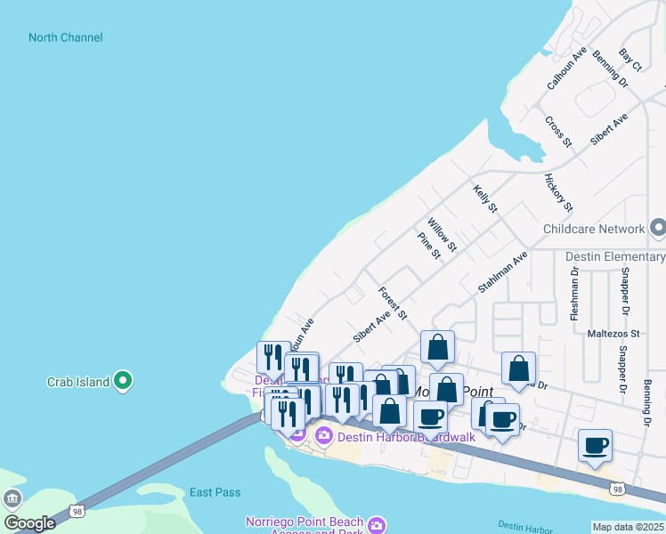 map of restaurants, bars, coffee shops, grocery stores, and more near 151 Calhoun Avenue in Destin
