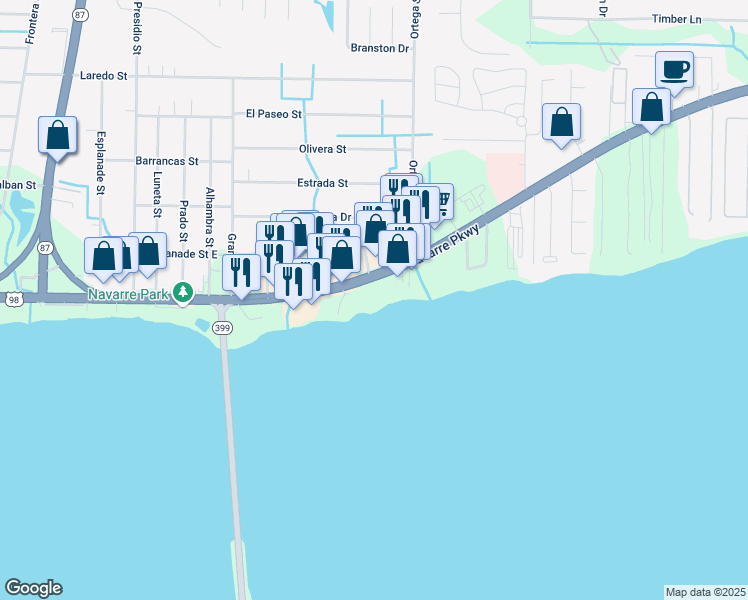 map of restaurants, bars, coffee shops, grocery stores, and more near 8747 Navarre Parkway in Navarre
