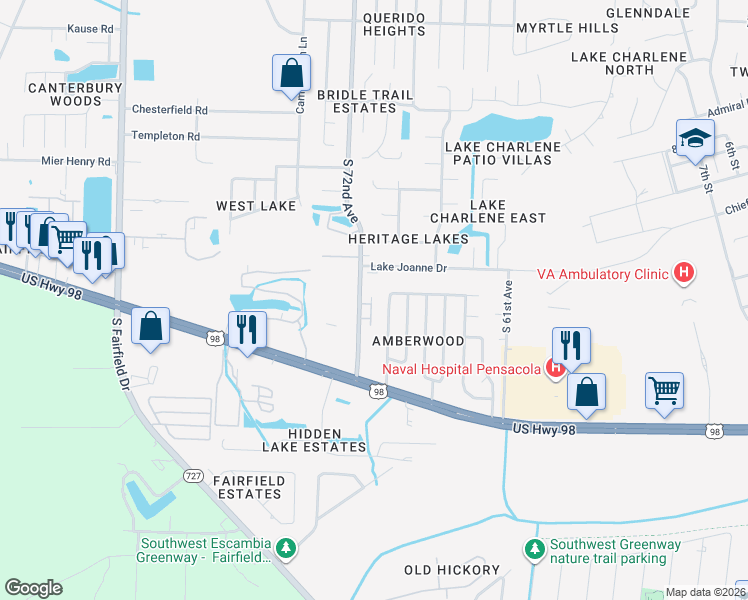 map of restaurants, bars, coffee shops, grocery stores, and more near 618 North 72nd Avenue in Pensacola