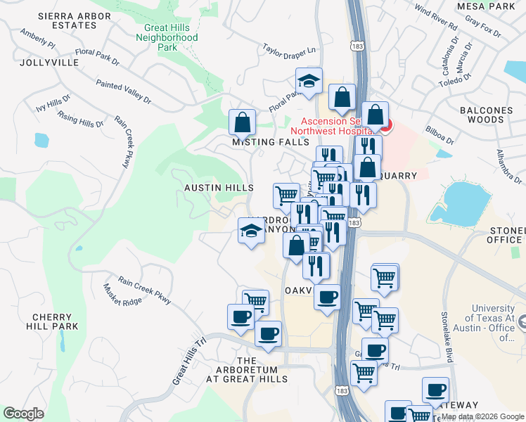 map of restaurants, bars, coffee shops, grocery stores, and more near 10415 Morado Circle in Austin