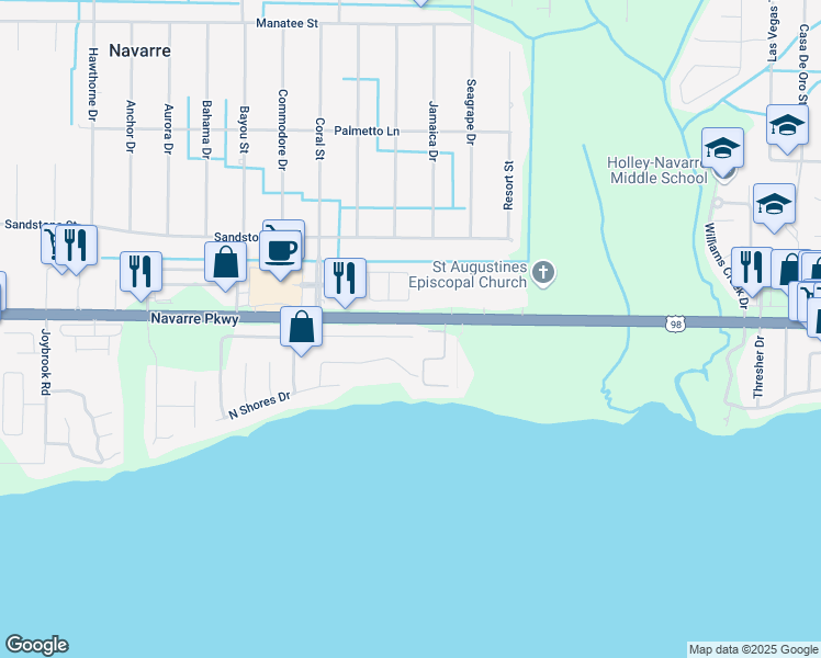 map of restaurants, bars, coffee shops, grocery stores, and more near 7710 Florida 30 in Navarre
