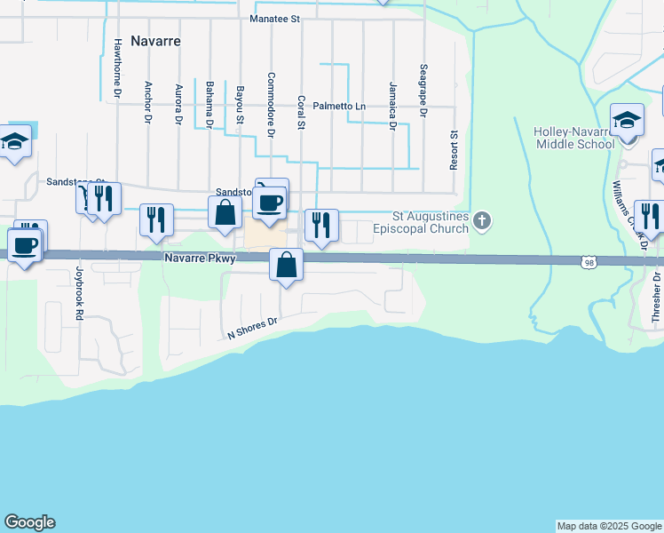 map of restaurants, bars, coffee shops, grocery stores, and more near 7636 Thunderbolt Street in Navarre