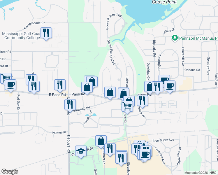 map of restaurants, bars, coffee shops, grocery stores, and more near 314 Eastview Drive in Biloxi