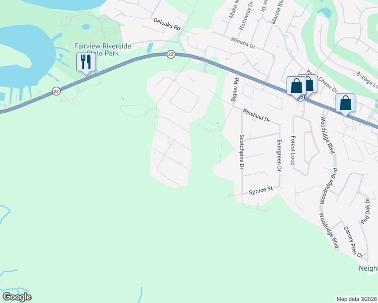 map of restaurants, bars, coffee shops, grocery stores, and more near 233 Penns Chapel Road in Mandeville
