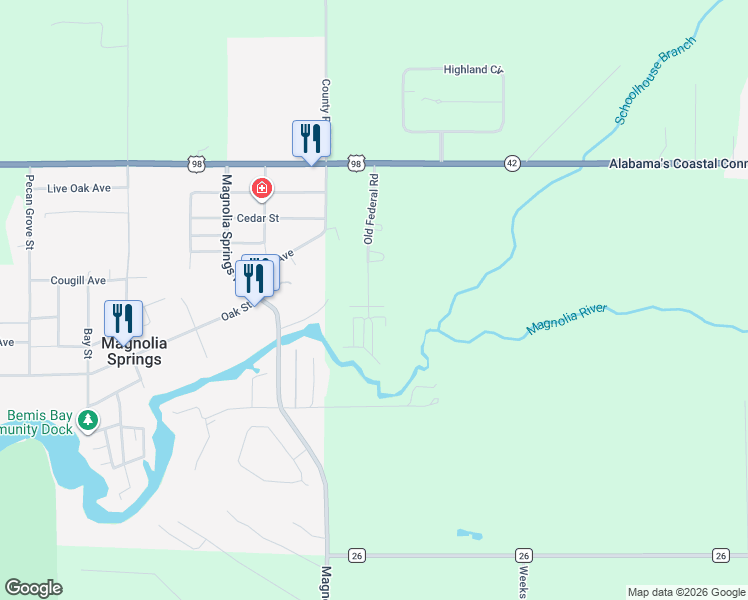 map of restaurants, bars, coffee shops, grocery stores, and more near Old Federal Road in Magnolia Springs