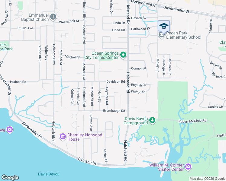 map of restaurants, bars, coffee shops, grocery stores, and more near 2607 Youpon Street in Ocean Springs