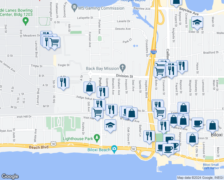 map of restaurants, bars, coffee shops, grocery stores, and more near 259 Benachi Avenue in Biloxi