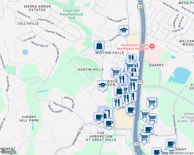 map of restaurants, bars, coffee shops, grocery stores, and more near 10306 Morado Cove in Austin