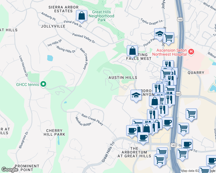 map of restaurants, bars, coffee shops, grocery stores, and more near 10300 Morado Cove in Austin