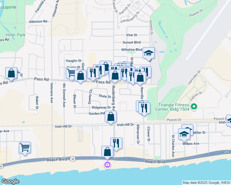 map of restaurants, bars, coffee shops, grocery stores, and more near 1659 Pringle Circle in Biloxi