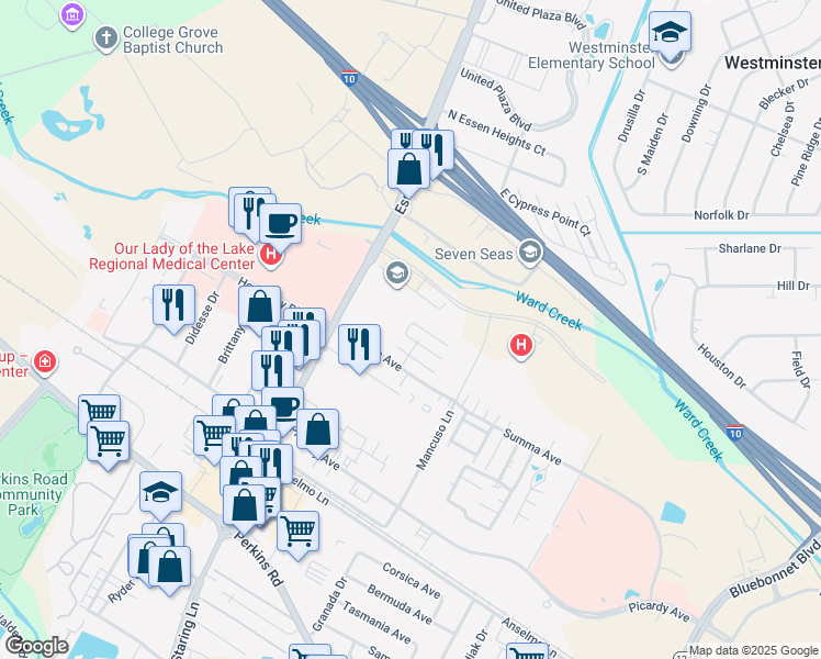 map of restaurants, bars, coffee shops, grocery stores, and more near 7949 Pennth Avenue in Baton Rouge