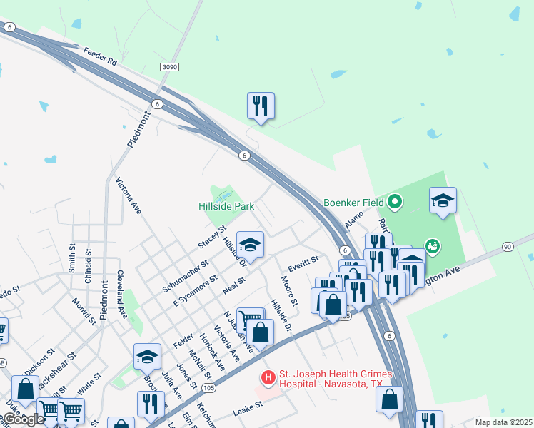 map of restaurants, bars, coffee shops, grocery stores, and more near 711 Wadesway in Navasota