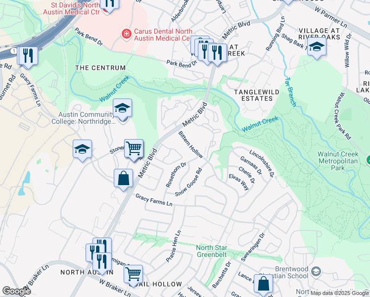 map of restaurants, bars, coffee shops, grocery stores, and more near 12003 Bittern Hollow in Austin