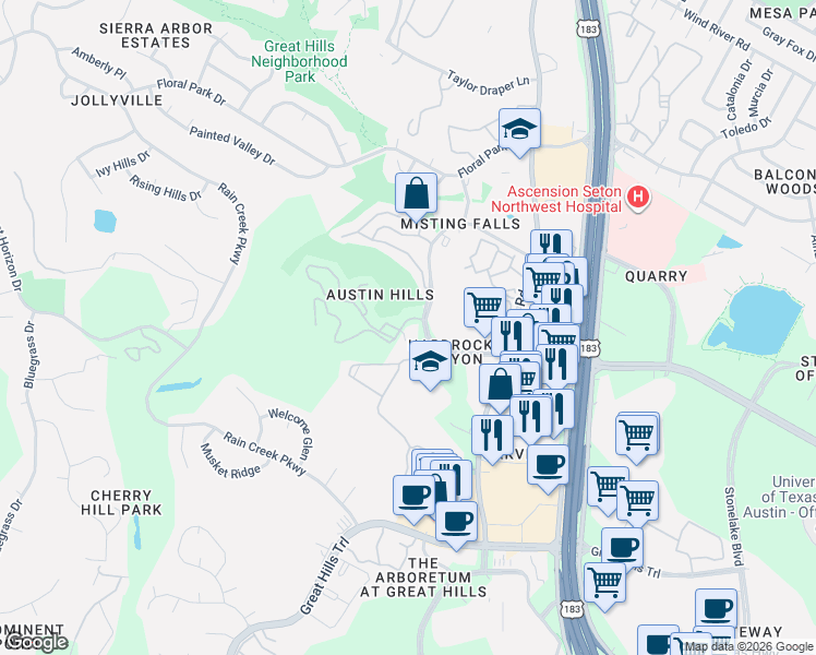 map of restaurants, bars, coffee shops, grocery stores, and more near 10306 Morado Cove in Austin