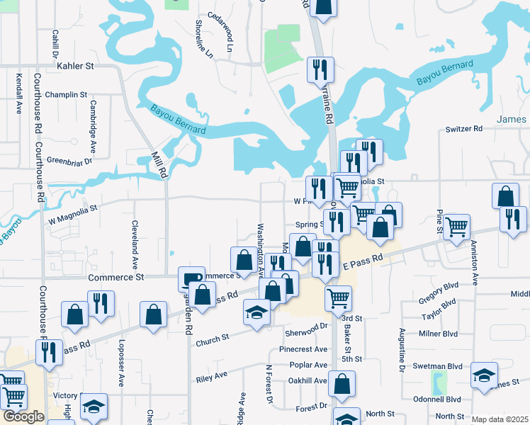 map of restaurants, bars, coffee shops, grocery stores, and more near 1124 Washington Avenue in Gulfport
