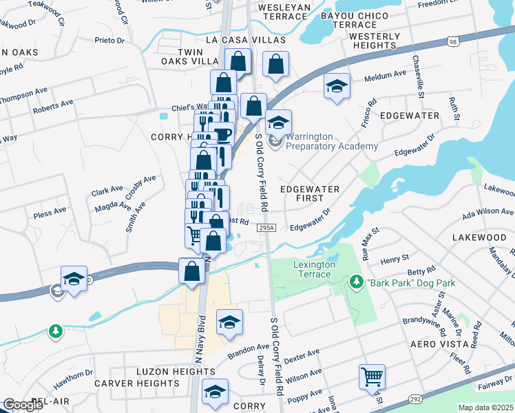 map of restaurants, bars, coffee shops, grocery stores, and more near 515 South Old Corry Field Road in Pensacola