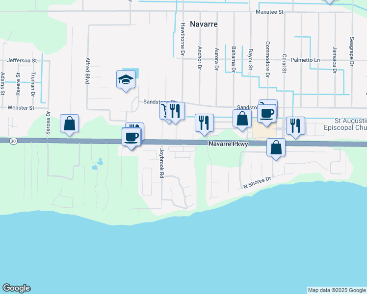 map of restaurants, bars, coffee shops, grocery stores, and more near 7381 Navarre Parkway in Navarre