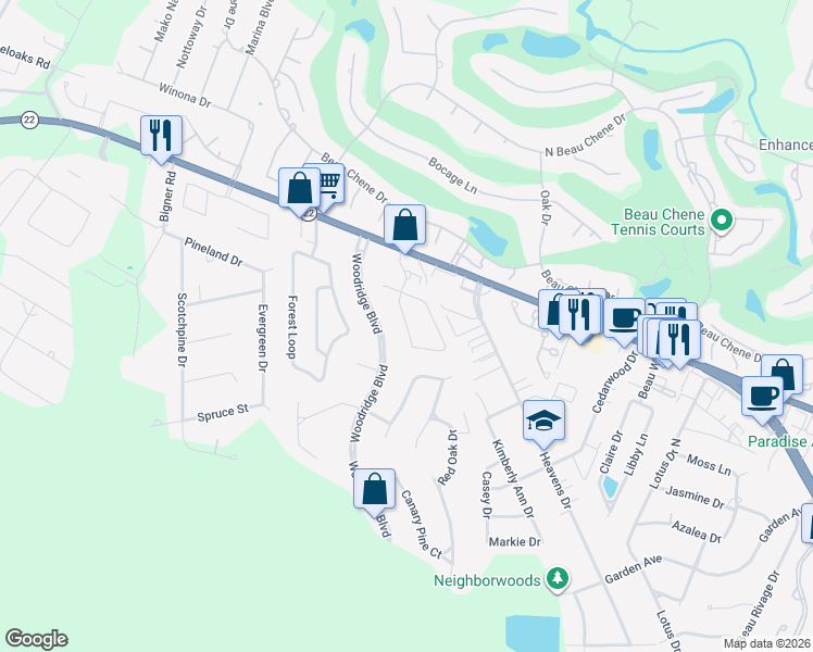 map of restaurants, bars, coffee shops, grocery stores, and more near 365 Ridgewood Drive in Mandeville