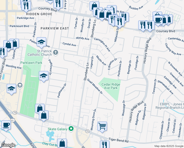 map of restaurants, bars, coffee shops, grocery stores, and more near 5041 Legend Drive in Baton Rouge