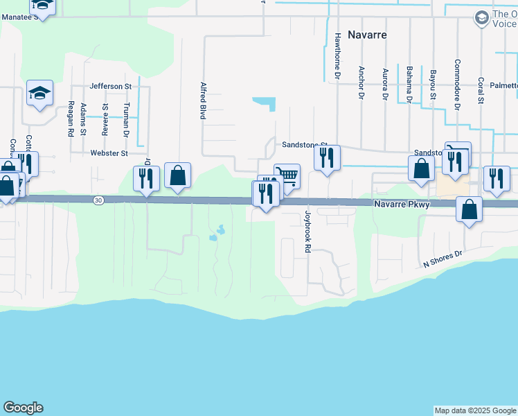 map of restaurants, bars, coffee shops, grocery stores, and more near 1209 Sound Haven Court in Navarre