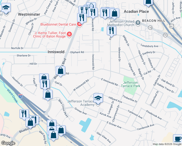 map of restaurants, bars, coffee shops, grocery stores, and more near 9655 Cal Road in Baton Rouge
