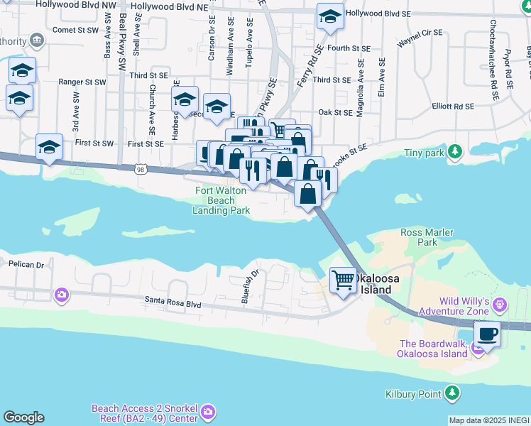 map of restaurants, bars, coffee shops, grocery stores, and more near 179 Brooks Street Southeast in Fort Walton Beach