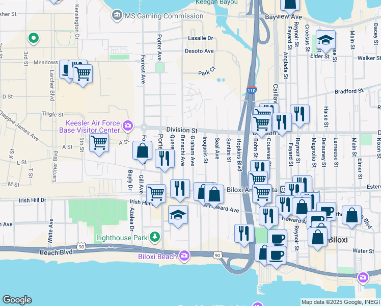map of restaurants, bars, coffee shops, grocery stores, and more near in Biloxi