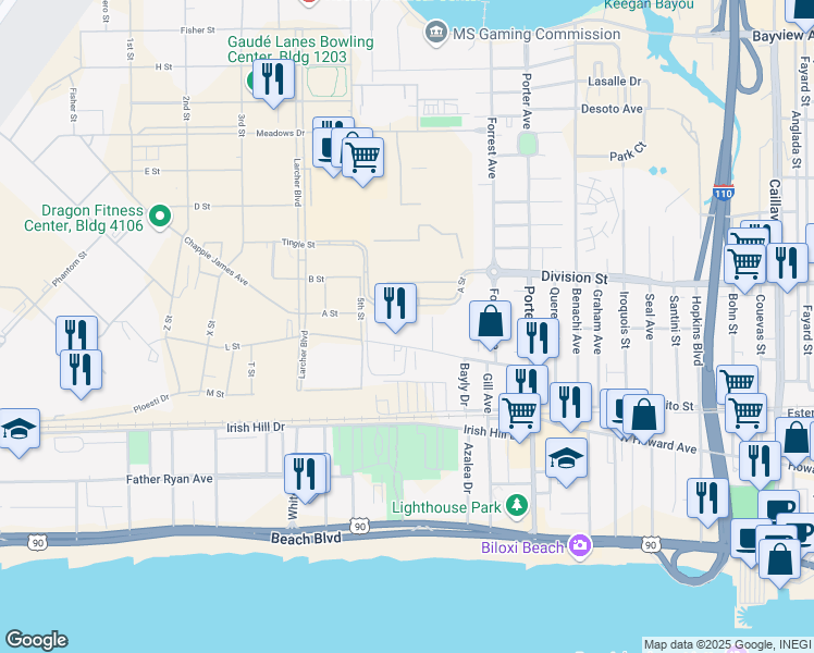 map of restaurants, bars, coffee shops, grocery stores, and more near 1150 Holden Al in Biloxi