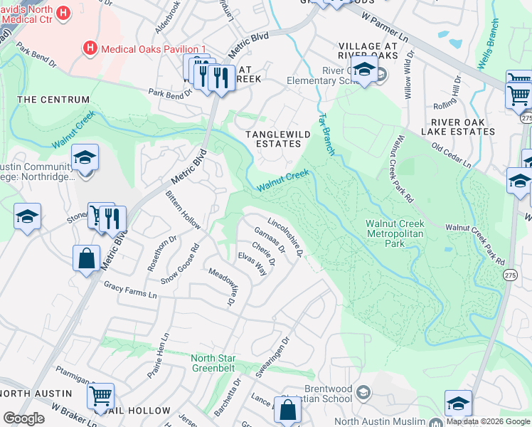 map of restaurants, bars, coffee shops, grocery stores, and more near 12043 Lincolnshire Drive in Austin