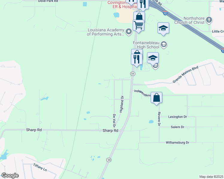 map of restaurants, bars, coffee shops, grocery stores, and more near 250 Deval Street in Mandeville
