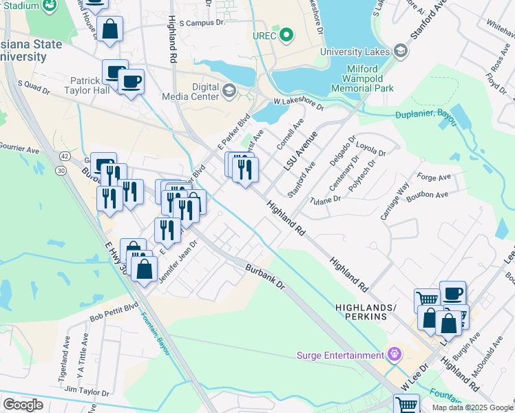 map of restaurants, bars, coffee shops, grocery stores, and more near 4464 Highland Road in Baton Rouge