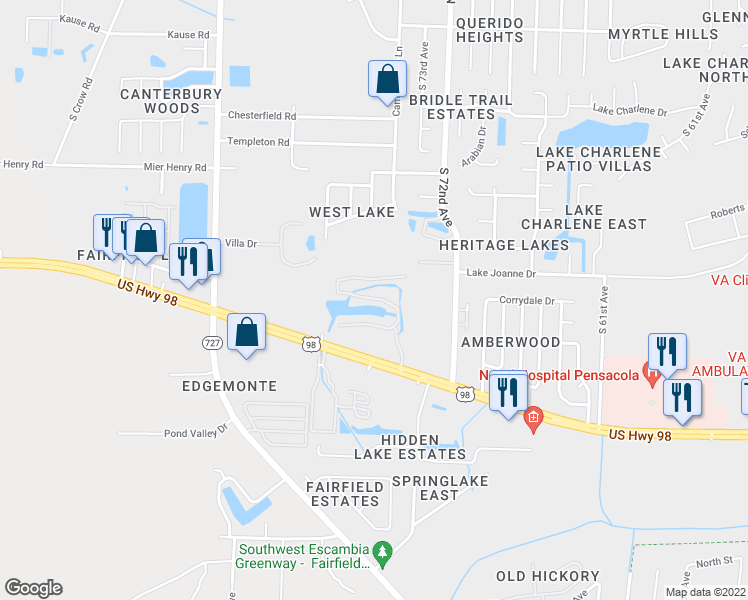 map of restaurants, bars, coffee shops, grocery stores, and more near 7680 U.S. 98 in Pensacola