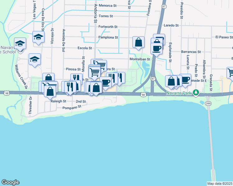 map of restaurants, bars, coffee shops, grocery stores, and more near US Highway 98 in Navarre