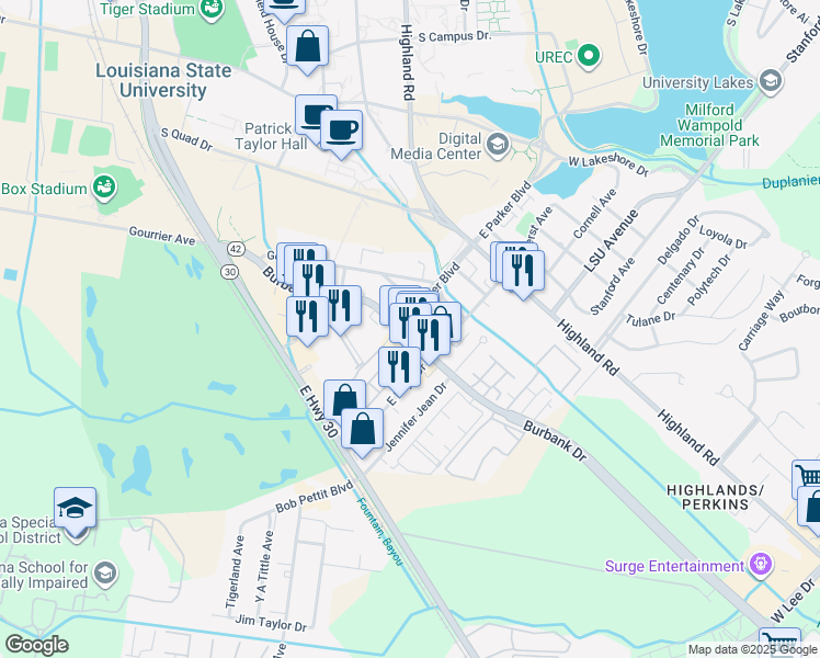map of restaurants, bars, coffee shops, grocery stores, and more near 4221 Burbank Drive in Baton Rouge